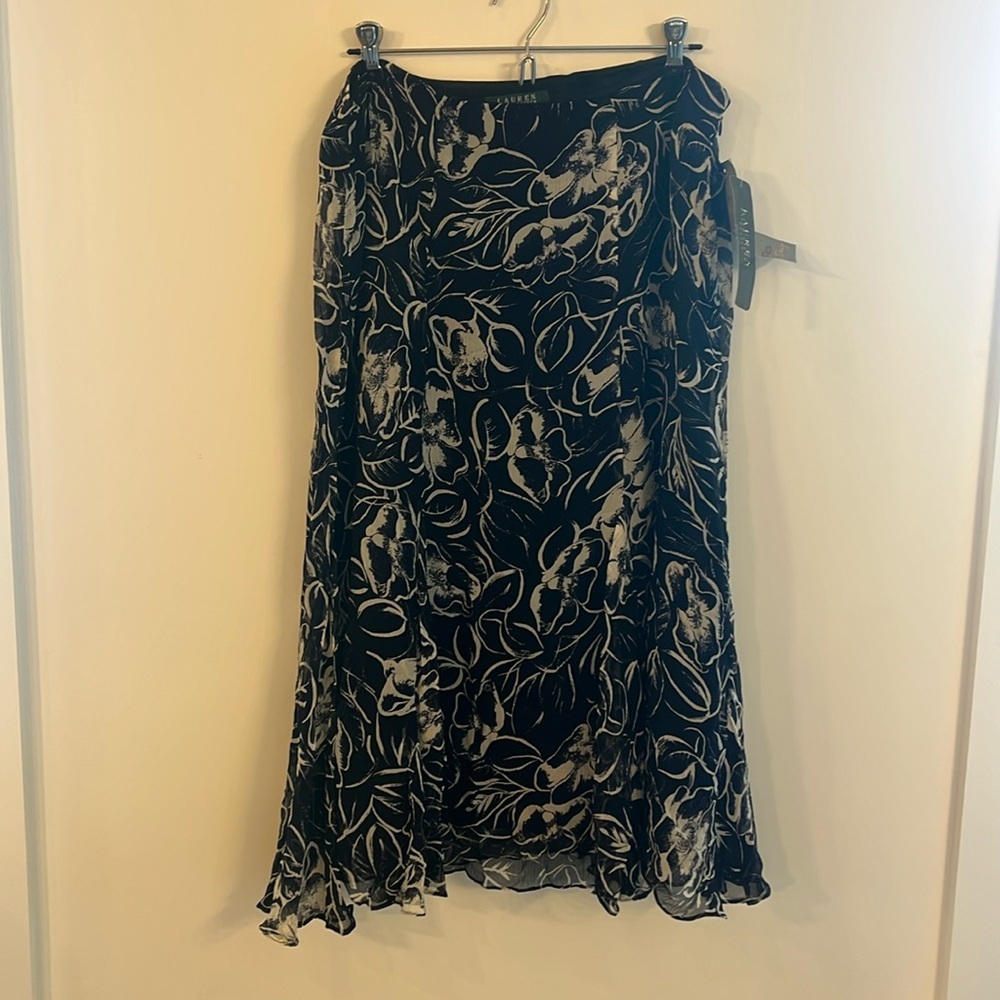Lauren Ralph Lauren Navy Blue Floral 100% Silk Midi Vintage Y2K Skirt- 14P - Picture 2 of 6